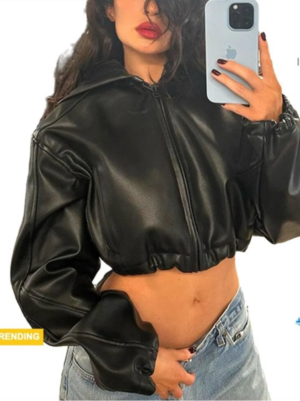 KHY Oversized Black Faux Leather Hooded Bomber Jacket Sz M - Picture 4 of 14